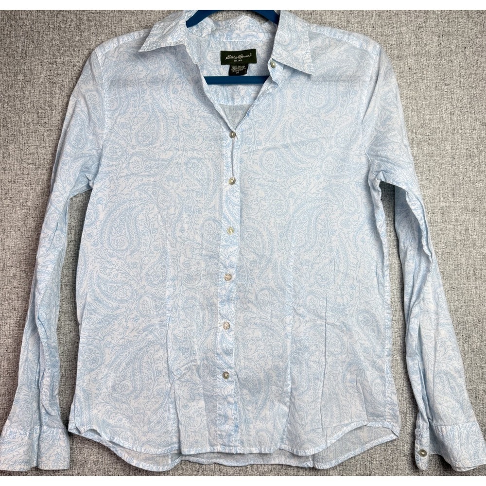 Eddie Bauer Sheer Blue White Floral Button Up Cotton Shirt MEDIUM Shabby Chic‎